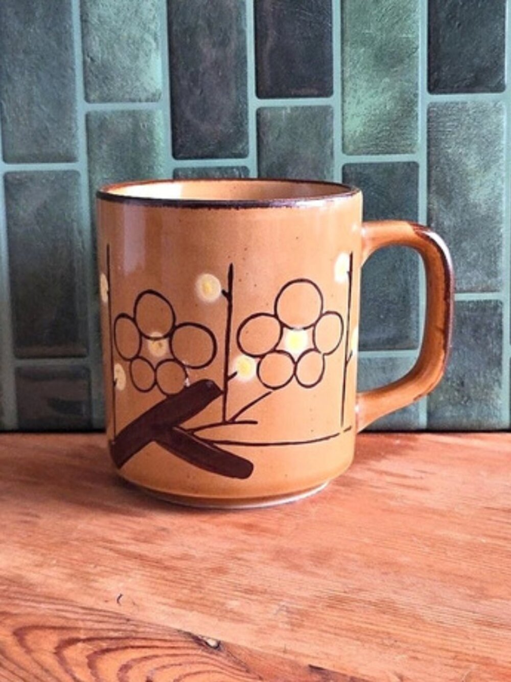 Vintage Hand Painted Stoneware Coffee Mug Speckled Brown Yellow Flower Korea 4"